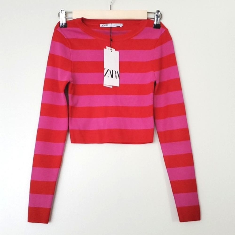 Zara - Striped ribbed knit crop top sweater Pink and red
